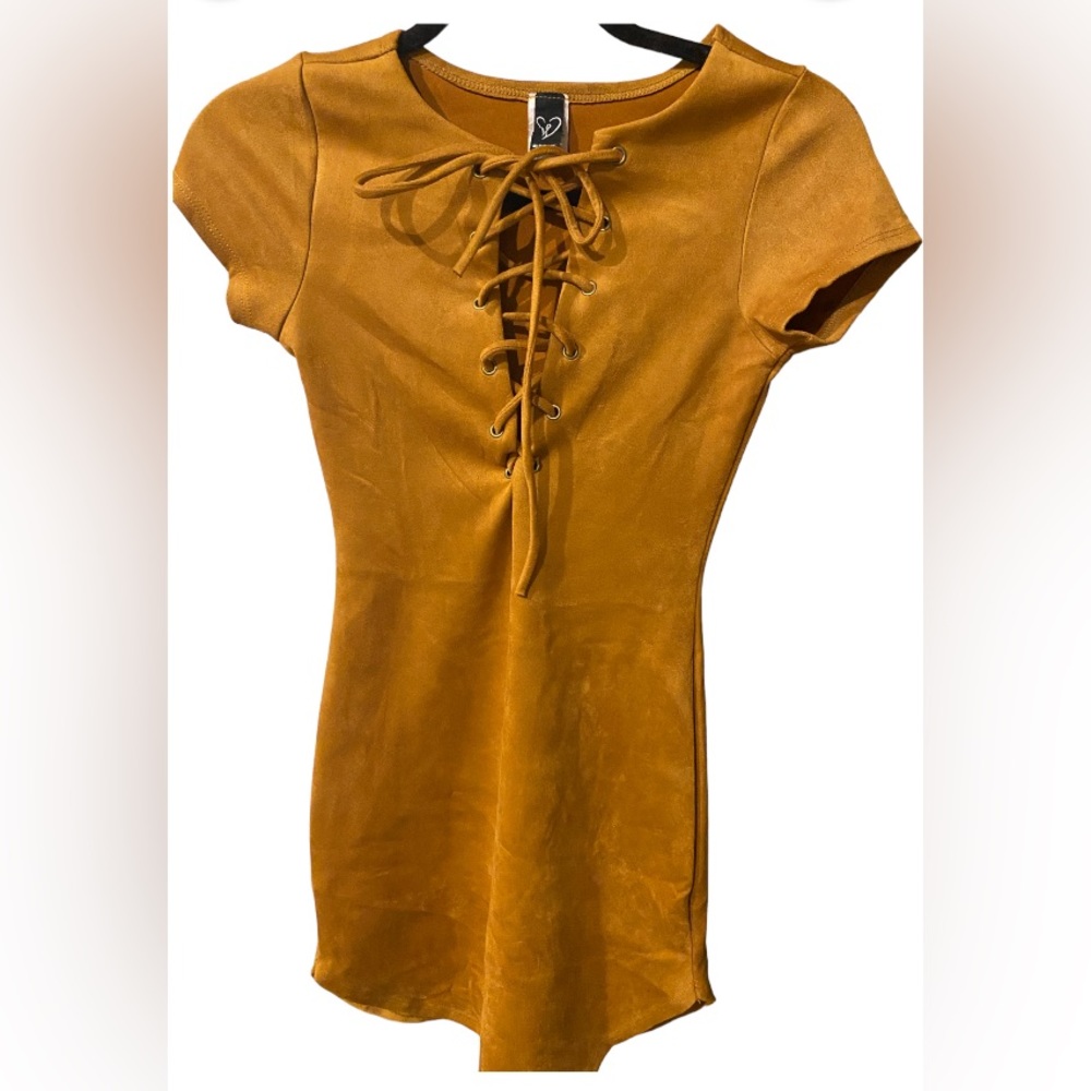 🧁Windsor Faux Suede Bodycon Lace Up Dress. Ocher shade. Size small.